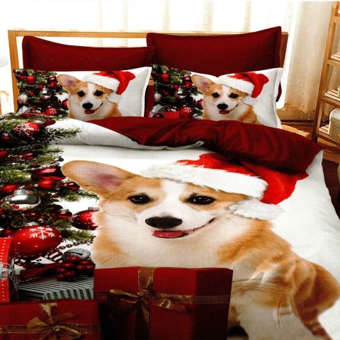 Lenjerie de pat dublu bumbac Finet 3D 6 piese 220 x 240 cm, Catelusi, Rosu, Pucioasa FN3D92