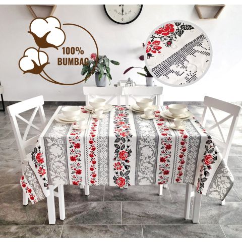 Fata de masa antimurdarire 100% Bumbac 140x180 cm, Imprimeu traditional Gri Rosu