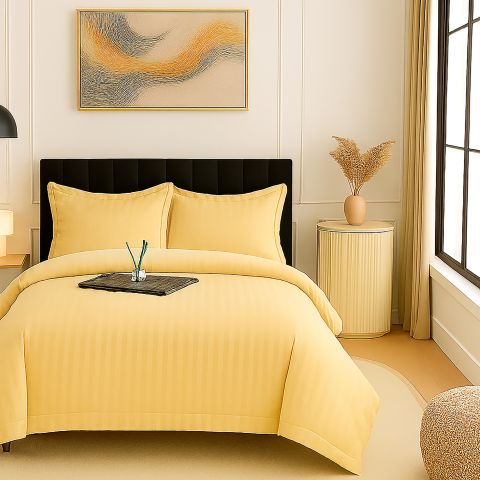 Lenjerie pat Damasc Policoton XXL - Super Preț, cearșaf 230x260 cm, pilotă 200x230 cm, 2 fețe perne 50x70 cm, Galben