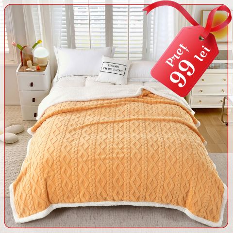 Patura cu blanita model tip Tricot, pentru pat dublu 200 x 230 cm, Galben Mustar
