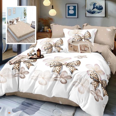 Lenjerie pat dublu Finet Bumbac 6 piese cu husa saltea 160x200 sau 180x200 cm, pilota 200x230 cm, 2 fete perna 50x70 si 70x70 cm, Alb / Bej, Pucioasa GATA V2