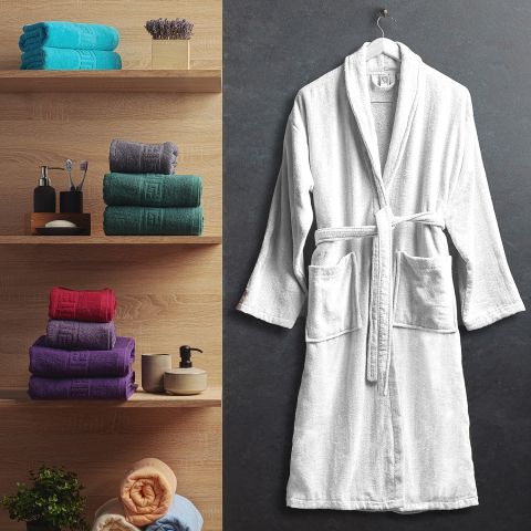Halat de baie si SPA Hotel cu guler Kimono Velur 100% Bumbac, unisex, 420 gr./mp, Alb L / XL