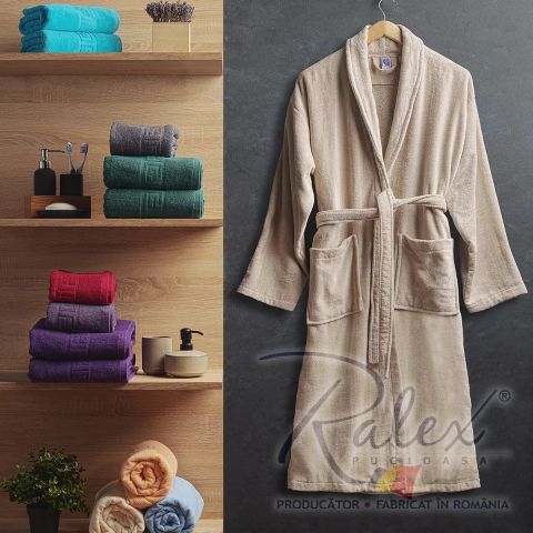 Halat de baie si SPA Hotel cu guler Kimono Velur 100% Bumbac, unisex, 420 gr./mp, Maro Deschis L / XL