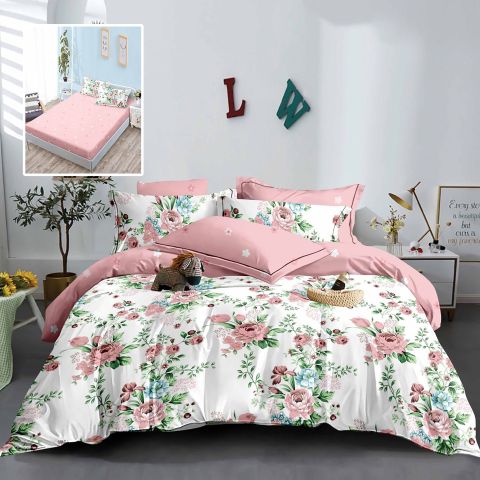 Lenjerie pat dublu Finet Bumbac 6 piese cu husa saltea 160x200 sau 180x200 cm, pilota 200x230 cm, 2 fete perna 50x70 si 70x70 cm, Alb-Roz, Pucioasa HF6P225