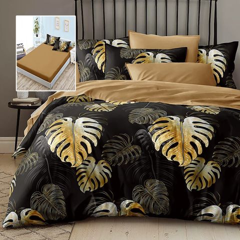 Lenjerie pat dublu Finet Bumbac 6 piese cu husa saltea 160x200 sau 180x200 cm, pilota 200x230 cm, 2 fete perna 50x70 si 70x70 cm, Negru-Maro, Pucioasa HF6P235