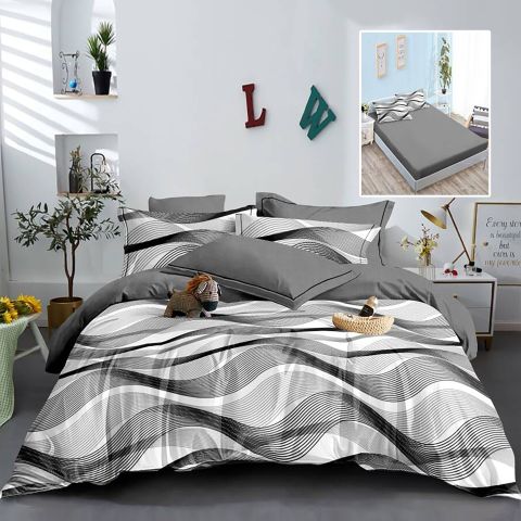 Lenjerie pat dublu Finet Bumbac 6 piese cu husa saltea 160x200 sau 180x200 cm, pilota 200x230 cm, 2 fete perna 50x70 si 70x70 cm, Alb-Gri, Pucioasa HF6P237