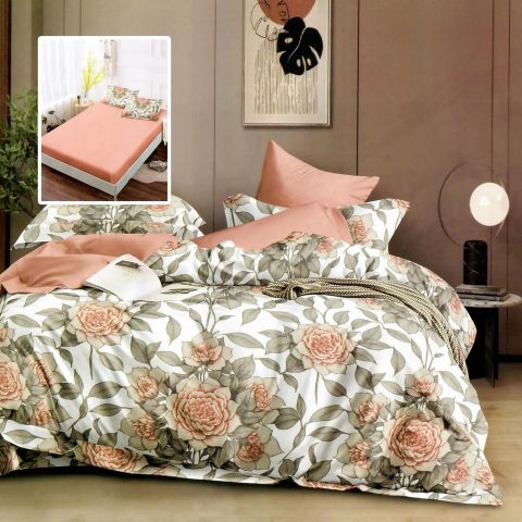 Lenjerie pat dublu Finet Bumbac 6 piese cu husa saltea 160x200 sau 180x200 cm, pilota 200x230 cm, 2 fete perna 50x70 si 70x70 cm, Portocaliu-Verde, Pucioasa HF6P302