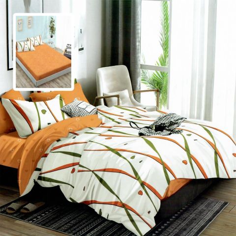 Lenjerie pat dublu Finet Bumbac 6 piese cu husa saltea 160x200 sau 180x200 cm, pilota 200x230 cm, 2 fete perna 50x70 si 70x70 cm, Alb-Portocaliu, Pucioasa HF6P312