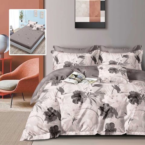 Lenjerie pat dublu Finet Bumbac 6 piese cu husa saltea 160x200 sau 180x200 cm, pilota 200x230 cm, 2 fete perna 50x70 si 70x70 cm, Alb-Gri, Pucioasa HF6P320
