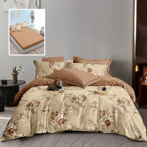 Lenjerie pat dublu Finet Bumbac 6 piese cu husa saltea 160x200 sau 180x200 cm, pilota 200x230 cm, 2 fete perna 50x70 si 70x70 cm, Bej-Maro, Pucioasa HF6P325