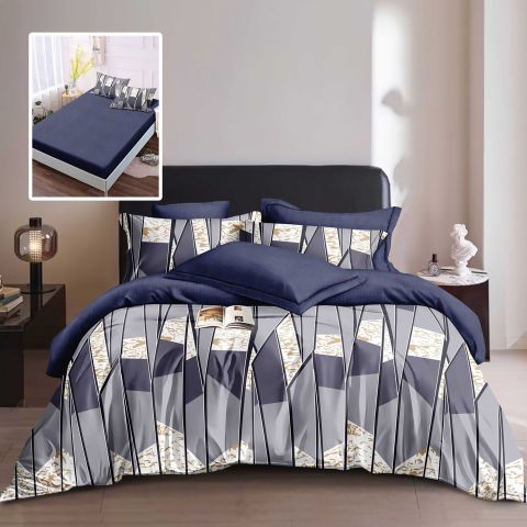 Lenjerie pat dublu Finet Bumbac 6 piese cu husa saltea 160x200 sau 180x200 cm, pilota 200x230 cm, 2 fete perna 50x70 si 70x70 cm, Alb-Albastru, Pucioasa HF6P327