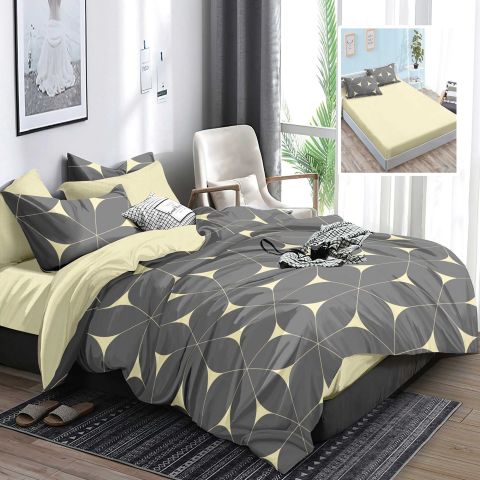Lenjerie pat dublu Finet Bumbac 6 piese cu husa saltea 160x200 sau 180x200 cm, pilota 200x230 cm, 2 fete perna 50x70 si 70x70 cm, Galben-Gri, Pucioasa HF6P328