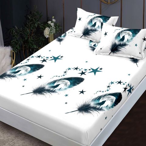 Set husă pat Finet + 2 fețe perne pentru saltea de 180x200 cm, Imprimeu pene, HF2FP88