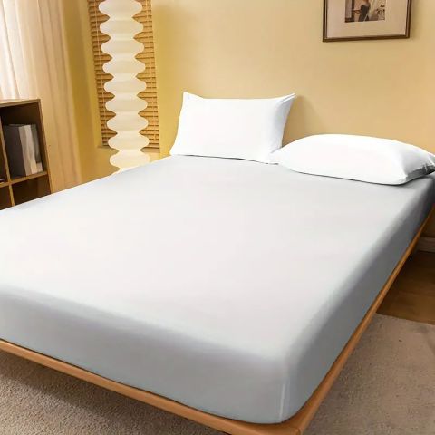 Set husă pat și fețe perne tricot jerse bumbac 100%, pentru saltea de 140x200 cm Alb