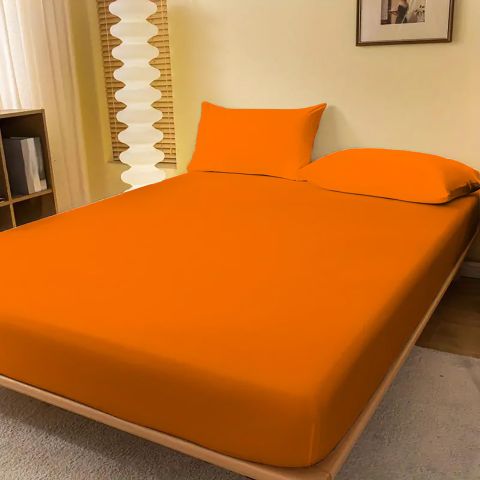 Set husă pat și fețe perne tricot jerse bumbac 100%, pentru saltea de 160x200 cm Portocaliu