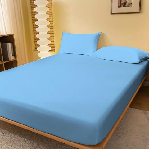 Set husă pat și fețe perne tricot jerse bumbac 100%, pentru saltea de 180x200 cm Albastru