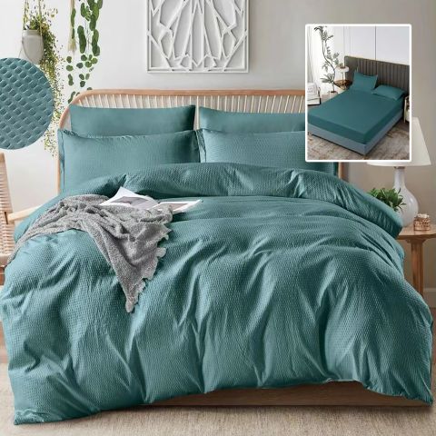 Lenjerie pat dublu Creponata UNI 6 piese, husa saltea 160/180x200 cm, pilota 200x230 cm, 2 fete perna 50x70 si 70x70 cm, Turcoaz, Pucioasa