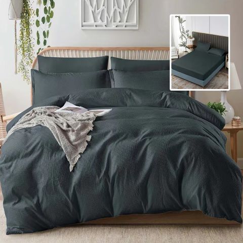 Lenjerie pat dublu Creponata UNI 6 piese, husa saltea 160/180x200 cm, pilota 200x230 cm, 2 fete perna 50x70 si 70x70 cm, Negru, Pucioasa