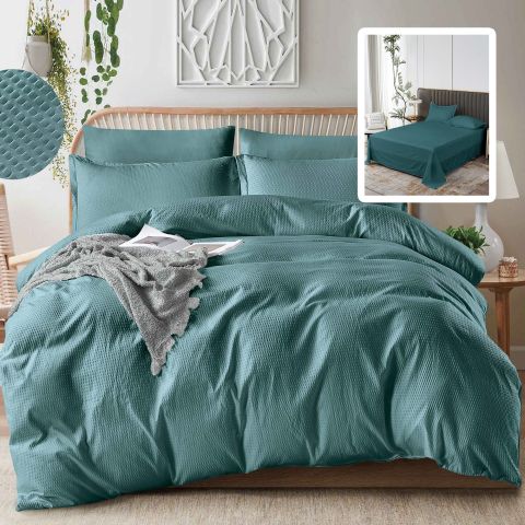 Lenjerie pat dublu Creponata UNI 6 piese, cearsaf pat 230x250 cm, pilota 200x230 cm, 2 fete perna 50x70 si 70x70 cm, Turcoaz, Pucioasa