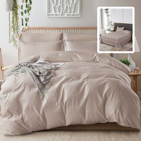 Lenjerie pat dublu Creponata UNI 6 piese, cearsaf pat 230x250 cm, pilota 200x230 cm, 2 fete perna 50x70 si 70x70 cm, Cappuccino, Pucioasa
