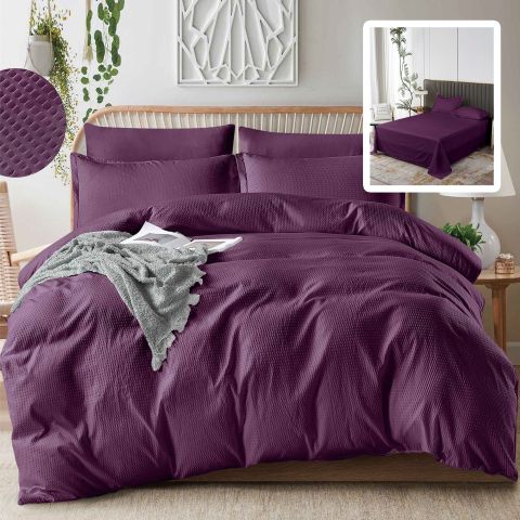 Lenjerie pat dublu Creponata UNI 6 piese, cearsaf pat 230x250 cm, pilota 200x230 cm, 2 fete perna 50x70 si 70x70 cm, Mov, Pucioasa