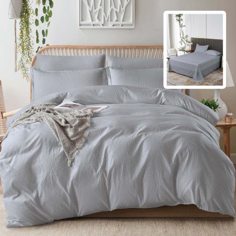 Lenjerie pat dublu Creponata UNI 6 piese, cearsaf pat 230x250 cm, pilota 200x230 cm, 2 fete perna 50x70 si 70x70 cm, Gri, Pucioasa