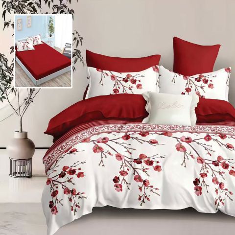 Lenjerie pat dublu Finet Bumbac 6 piese cu husa saltea 160x200 sau 180x200 cm, pilota 200x230 cm, 2 fete perna 50x70 si 70x70 cm, Alb / Rosu, Pucioasa KENNEDY H