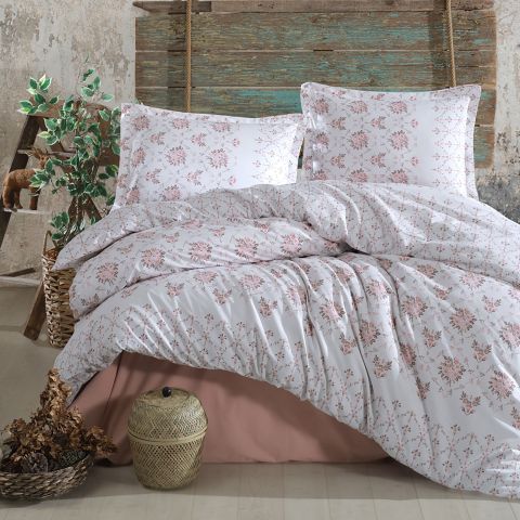 Lenjerie pat dublu Bumbac 100% Ranforce 4 piese extra large, cearsaf pat 240x260 cm, pilota 200x220 cm, 2 fete perne 50x70 cm, Roz Pudră KRISTA