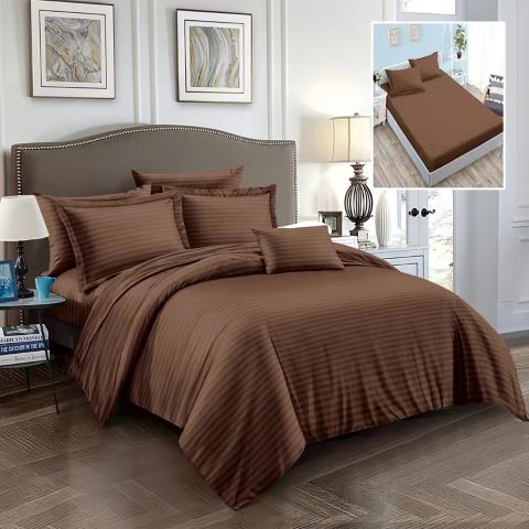Lenjerie pat dublu 6 piese Damasc Policoton, cu husa saltea 160x200 sau 180x200 cm, pilota 200x230 cm, fete perne 50x70 cm si 70x70 cm, dunga 1 cm Maro (6DPH2) 