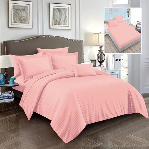 Lenjerie pat dublu 6 piese Damasc Policoton, cu husa saltea 160x200 sau 180x200 cm, pilota 200x230 cm, fete perne 50x70 cm si 70x70 cm, dunga 1 cm Roz (6DPH8)