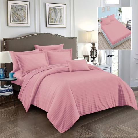 Lenjerie pat dublu 6 piese Damasc Policoton, cu husa saltea 160x200 sau 180x200 cm, pilota 200x230 cm, fete perne 50x70 cm si 70x70 cm, dunga 1 cm Roz (6DPH9) 