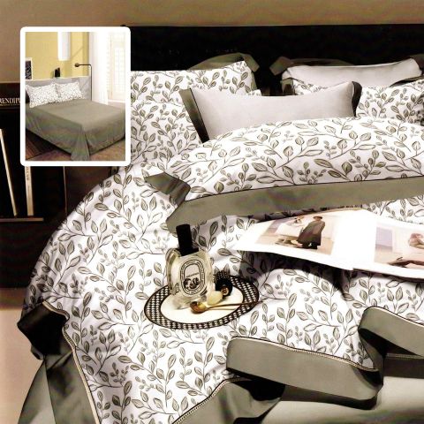 Lenjerie pat dublu Finet Bumbac Elegance 6 piese cearsaf pat 230x250 cm, cearsaf pilota 200x230 cm, 2 fete perna 70x70 cm, 2 fete perna 50x70 cm, Flori Alb Verde, Ralex Pucioasa 