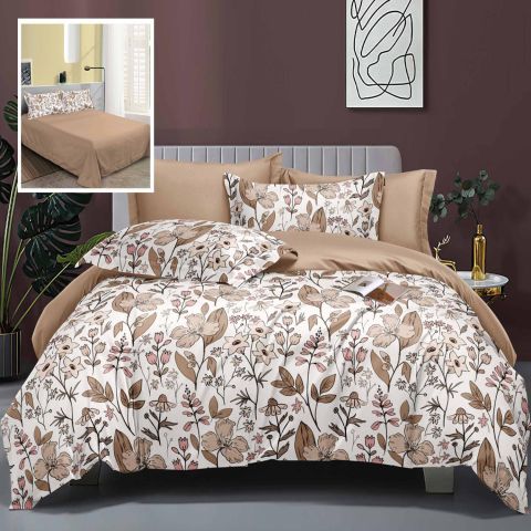 Lenjerie pat dublu Finet Bumbac Elegance 6 piese cearsaf pat 230x250 cm, cearsaf pilota 200x230 cm, 2 fete perna 70x70 cm, 2 fete perna 50x70 cm, Floricele Bej, Ralex Pucioasa