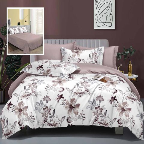 Lenjerie pat dublu Finet Bumbac Elegance 6 piese cearsaf pat 230x250 cm, cearsaf pilota 200x230 cm, 2 fete perna 70x70 cm, 2 fete perna 50x70 cm, Floricele Roz, Ralex Pucioasa