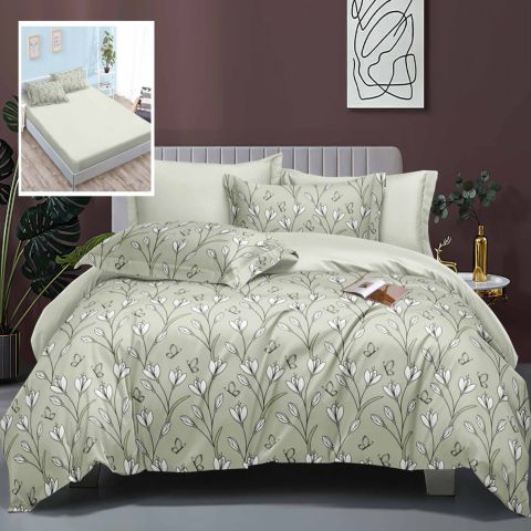 Lenjerie pat dublu Finet Bumbac Elegance 6 piese cearsaf cu elastic saltea 160x200 cm sau 180x200 cm, cearsaf pilota 200x230 cm, 2 fete perna 70x70 cm, 2 fete perna 50x70 cm, Flori Verde, Ralex Pucioasa