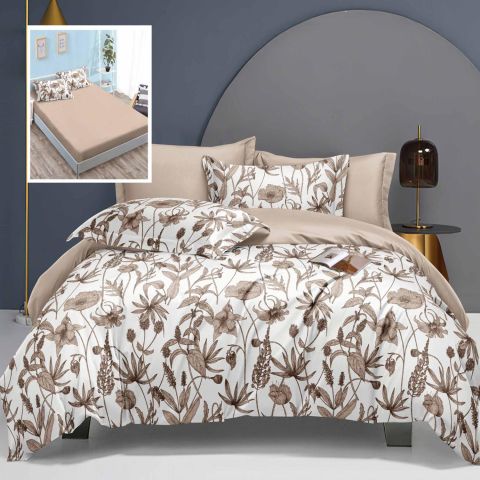 Lenjerie pat dublu Finet Bumbac Elegance 6 piese cearsaf cu elastic saltea 160x200 cm sau 180x200 cm, cearsaf pilota 200x230 cm, 2 fete perna 70x70 cm, 2 fete perna 50x70 cm, Flori de camp Bej, Ralex Pucioasa 