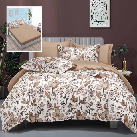 Lenjerie pat dublu Finet Bumbac Elegance 6 piese cearsaf cu elastic saltea 160x200 cm sau 180x200 cm, cearsaf pilota 200x230 cm, 2 fete perna 70x70 cm, 2 fete perna 50x70 cm, Floricele Bej, Ralex Pucioasa