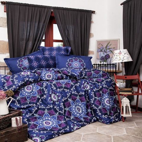 Lenjerie pat premium Lux Satin 100% Bumbac, 4 piese king size, cearsaf 240x260 cm, pilota 200x220 cm, 2 fete perne 50x70 cm, Mov Elegant, Agora V1