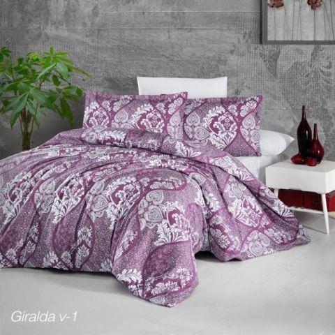 Lenjerie pat premium Lux Satin 100% Bumbac, 4 piese king size, cearsaf 240x260 cm, pilota 200x220 cm, 2 fete perne 50x70 cm, Mov Elegant, Giralda V1