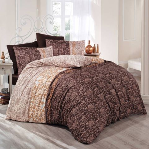 Lenjerie pat premium Lux Satin 100% Bumbac, 4 piese king size, cearsaf 240x260 cm, pilota 200x220 cm, 2 fete perne 50x70 cm, Maro Elegant, Mirace V1