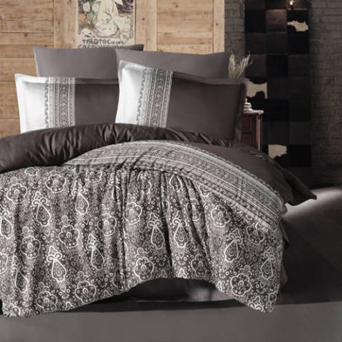 Lenjerie pat premium Lux Satin 100% Bumbac, 4 piese king size, cearsaf 240x260 cm, pilota 200x220 cm, 2 fete perne 50x70 cm, Maro Elegant, Nobel V2