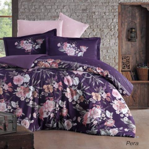 Lenjerie pat premium Lux Satin 100% Bumbac, 4 piese king size, cearsaf 240x260 cm, pilota 200x220 cm, 2 fete perne 50x70 cm, Roz Elegant, Pera