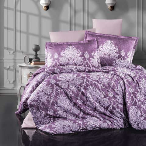 Lenjerie pat premium Lux Satin 100% Bumbac, 4 piese king size, cearsaf 240x260 cm, pilota 200x220 cm, 2 fete perne 50x70 cm, Mov Elegant, Veroka V2