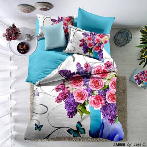 Lenjerie de pat dublu Poplin Percalle imprimat Bumbac 100%, 4 piese, cearsaf 240x260 cm, pilota 200x230 cm, 2 fete perne 50x70 cm, Imprimeu flori Albastru, Pucioasa