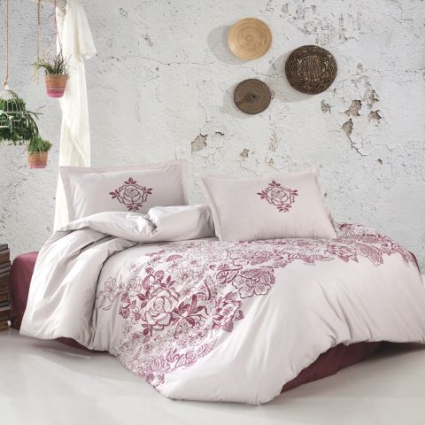 Lenjerie pat dublu Bumbac 100% Ranforce 4 piese extra large, cearsaf pat 240x260 cm, pilota 200x220 cm, 2 fete perne 50x70 cm, Roz MANDORA V2