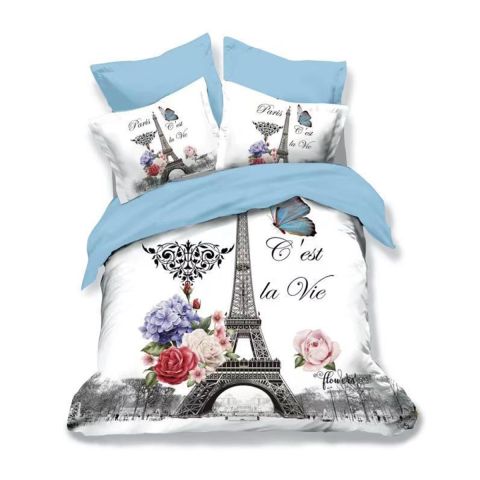 Lenjerie de pat dublu bumbac Finet 3D 6 piese 220 x 240 cm, Flori si Paris, Alb Albastru, Pucioasa FN3D86