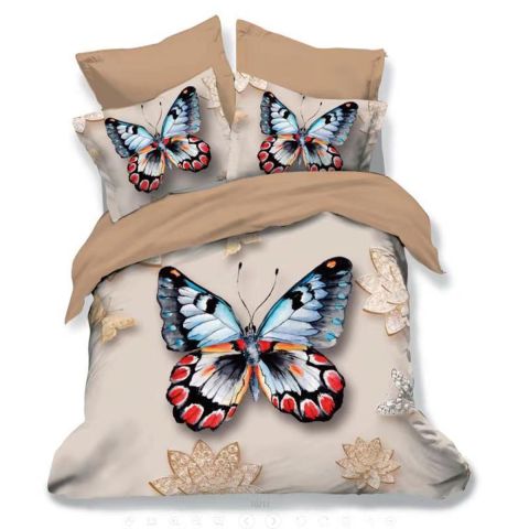 Lenjerie de pat dublu bumbac Finet 3D 6 piese 220 x 240 cm, Fluturas coloarat, Bej, Pucioasa FN3D45