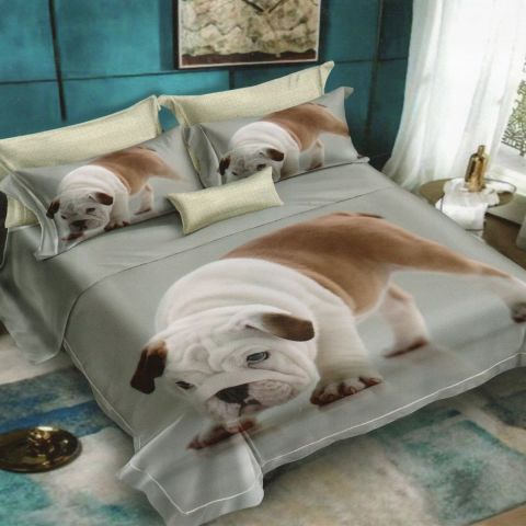 Lenjerie de pat dublu bumbac Finet 3D 6 piese 220 x 240 cm, Catelusi Bulldog francez, Bej Gri Pucioasa FN3D53