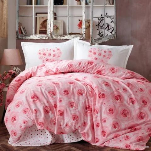 Lenjerie de pat dublu Bumbac 100% Ranforce 4 piese king size 240 x 260 cm, Eleganta, Alb / Roz, ROMAN S