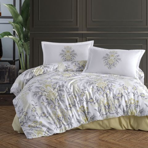 Lenjerie pat dublu Bumbac 100% Ranforce 4 piese extra large, cearsaf pat 240x260 cm, pilota 200x220 cm, 2 fete perne 50x70 cm, Alb / Galben LIYA V1